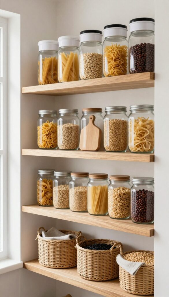 Open pantry niche with glass jars and baskets on wooden shelves