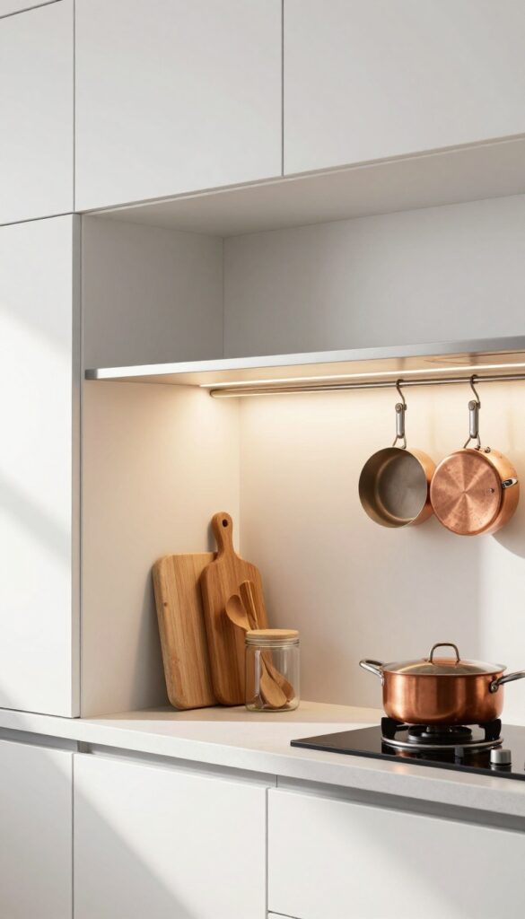 Magnetic LED strip light attached under a metal kitchen shelf, illuminating a cutting board and utensils, with a puck light on a pot rack shining on copper pots.