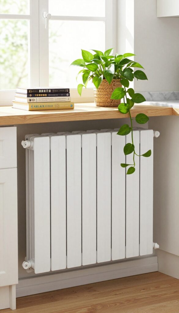 Kitchen radiator cover with pull-out seagrass baskets and a shelf with plant and cookbooks