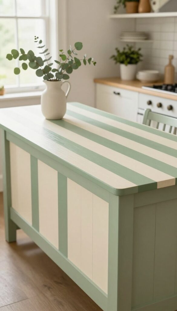 Farmhouse kitchen table with painted stripes in creamy white and sage green, styled with eucalyptus and ceramic decor in a bright kitchen.