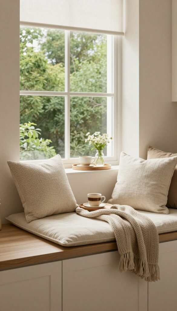 Warm neutral kitchen window seat with oatmeal cushion and textured pillows, sunny morning light, photorealistic