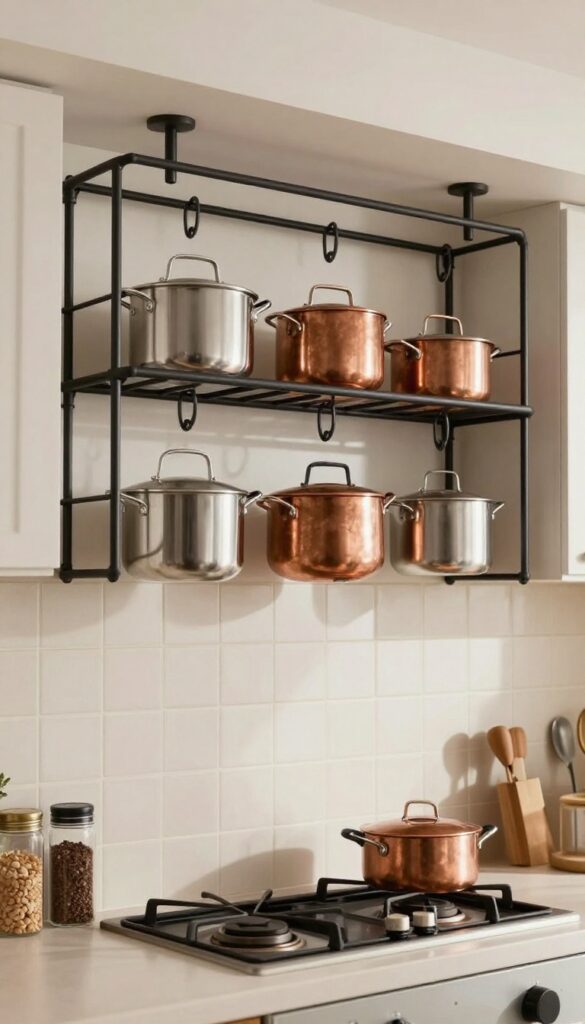 Hanging pot rack over stove in a small Indian kitchen, with steel and copper pots, tiled backsplash, bright natural light.