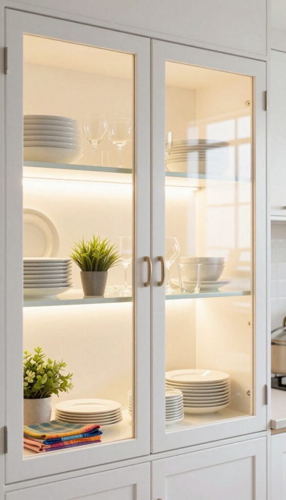 Glass-front cabinets in a small Indian kitchen with neatly arranged dishes and warm LED lighting