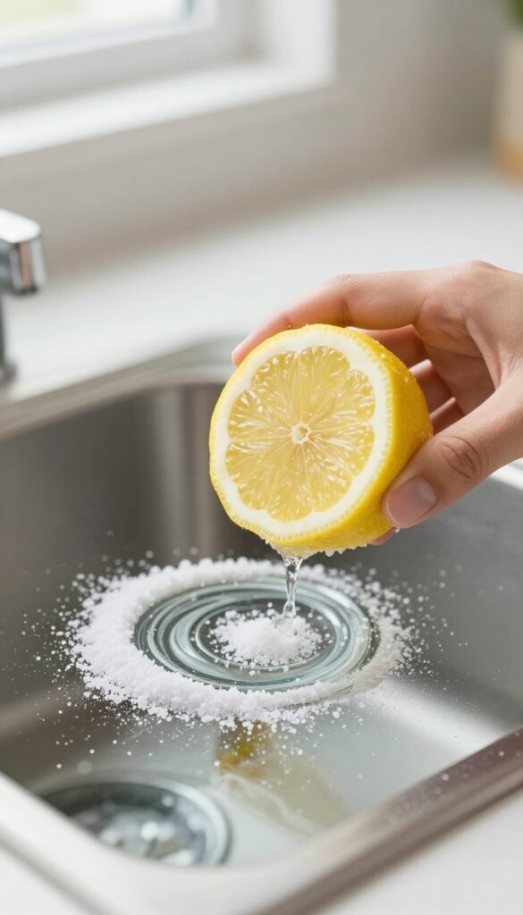 Hand scrubbing oven glass with lemon and salt