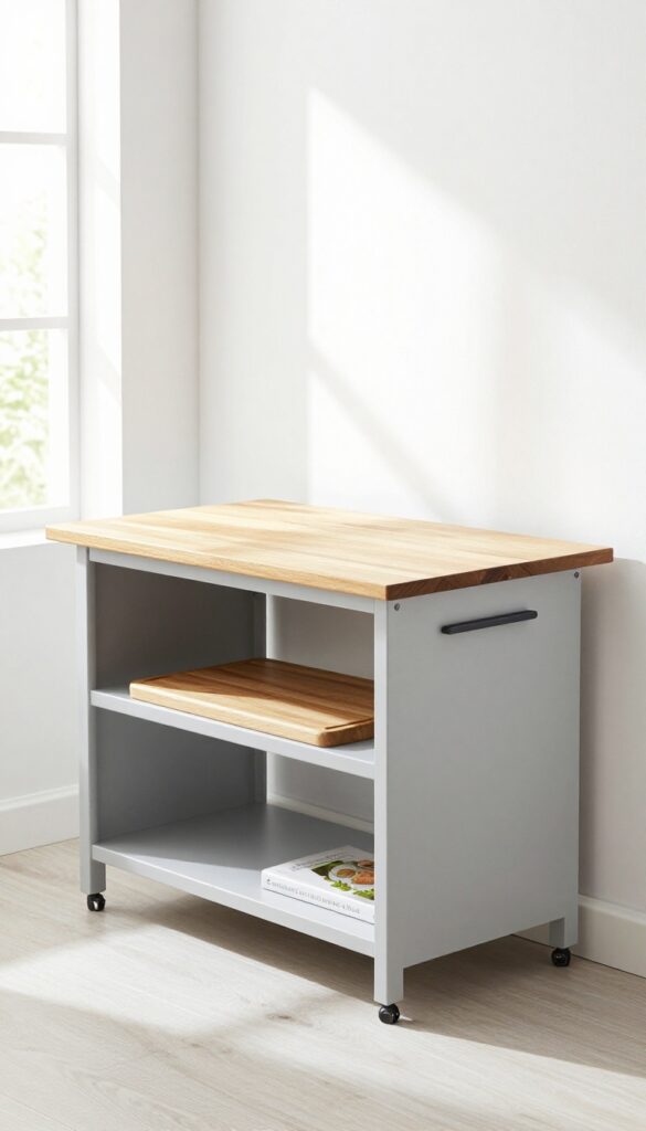 Small folding drop-leaf island in a bright kitchen with butcher block top and storage shelf