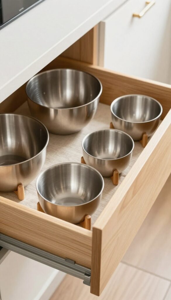 Deep kitchen drawer with wooden peg system organizing mixing bowls on their sides, lined with linen, bright natural light.