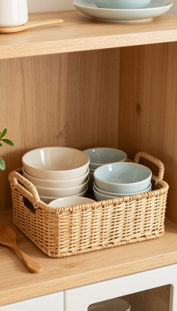 Woven seagrass basket with dividers organizing ceramic mixing bowls upright in a warm kitchen cabinet.