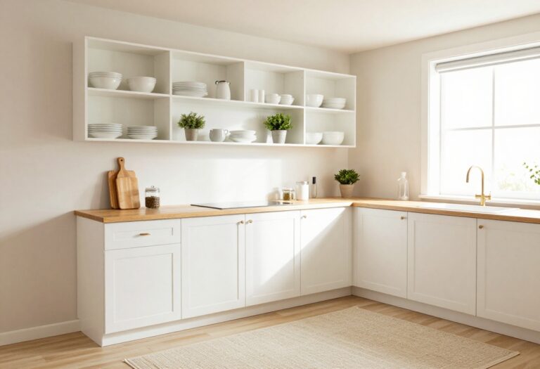 Cozy small kitchen with open shelving, wooden accents, and warm lighting