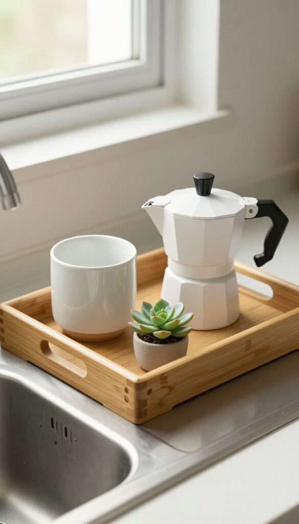 Bamboo tray over sink with coffee maker and plant, creating a compact coffee corner