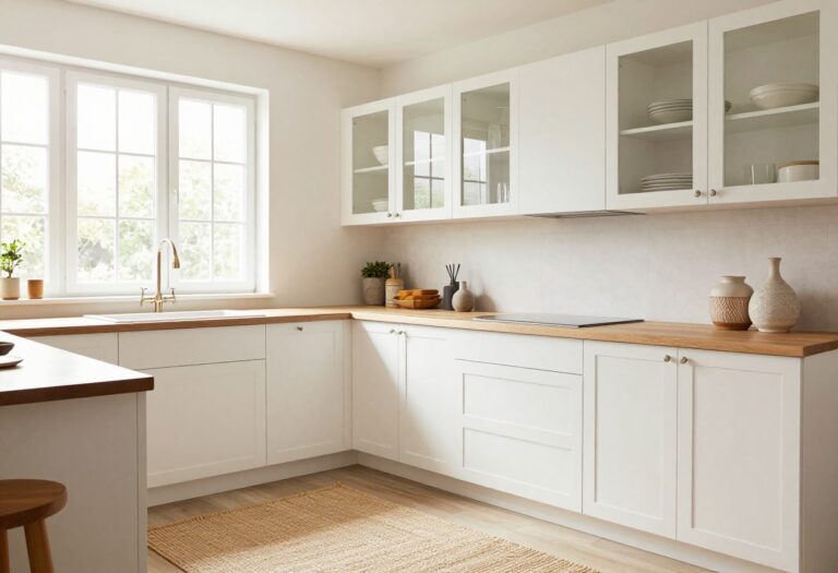 Modern kitchen with glass-front upper cabinets and warm wood lower doors, cozy and layered decor