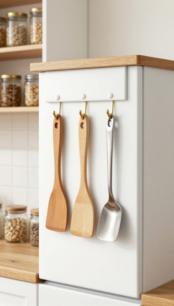 Close-up of a farmhouse kitchen hood with small brass hooks on the side panel holding wooden and silicone utensils, maximizing storage in a stylish way.