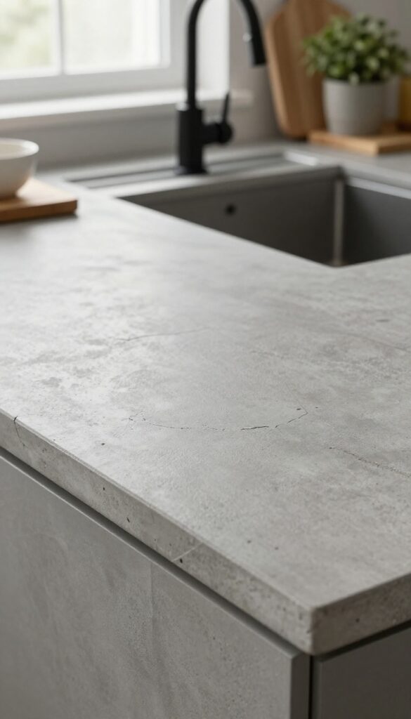 Warm grey concrete countertop with subtle black veining, black faucet, natural light, wood cutting board, and plant.