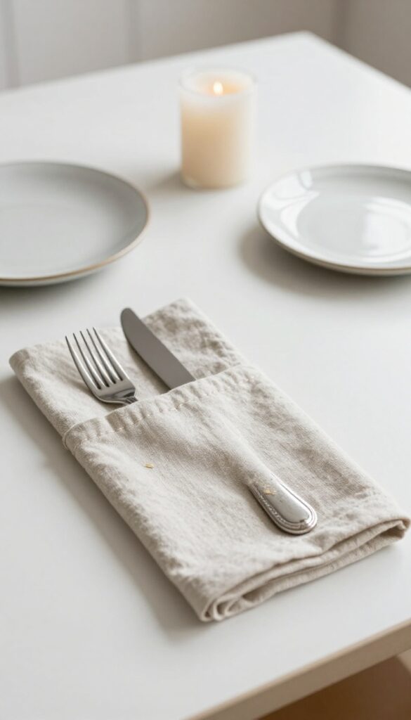 Close-up of a kitchen table placemat with a pocket holding utensils and a napkin, styled with a plate and candle.