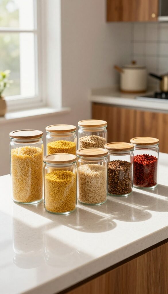 Glass canisters with dry goods on a kitchen counter in a small Indian home