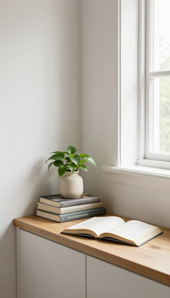 A cozy kitchen niche with a cookbook display featuring stacked books, a trailing plant, and a ceramic vase, styled as a reading nook.
