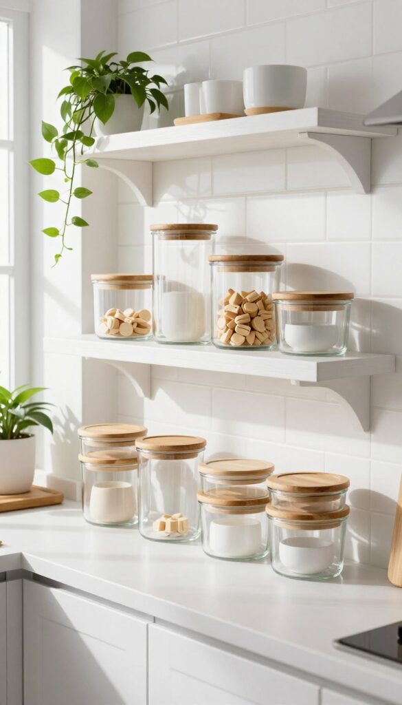 Open shelving with clear glass containers and bamboo lids in a bright kitchen