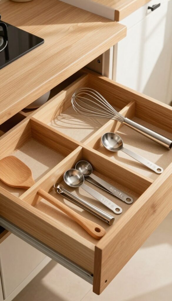 Deep kitchen drawer with adjustable wooden dividers organizing utensils and gadgets neatly, natural lighting, warm wood tones.