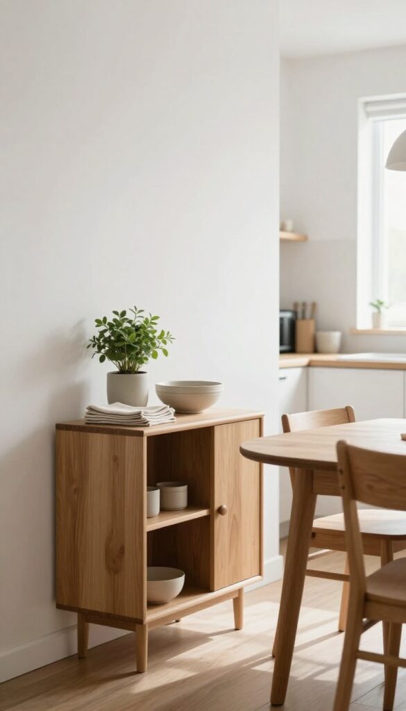 Slim wooden sideboard with plant and napkins near dining table in bright kitchen