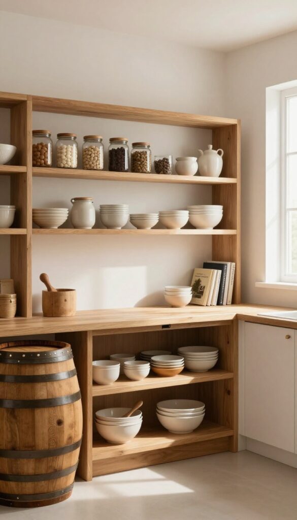 Open shelving in a small kitchen with wooden barrels for storage, warm oak shelves, and neatly arranged jars and cookbooks.