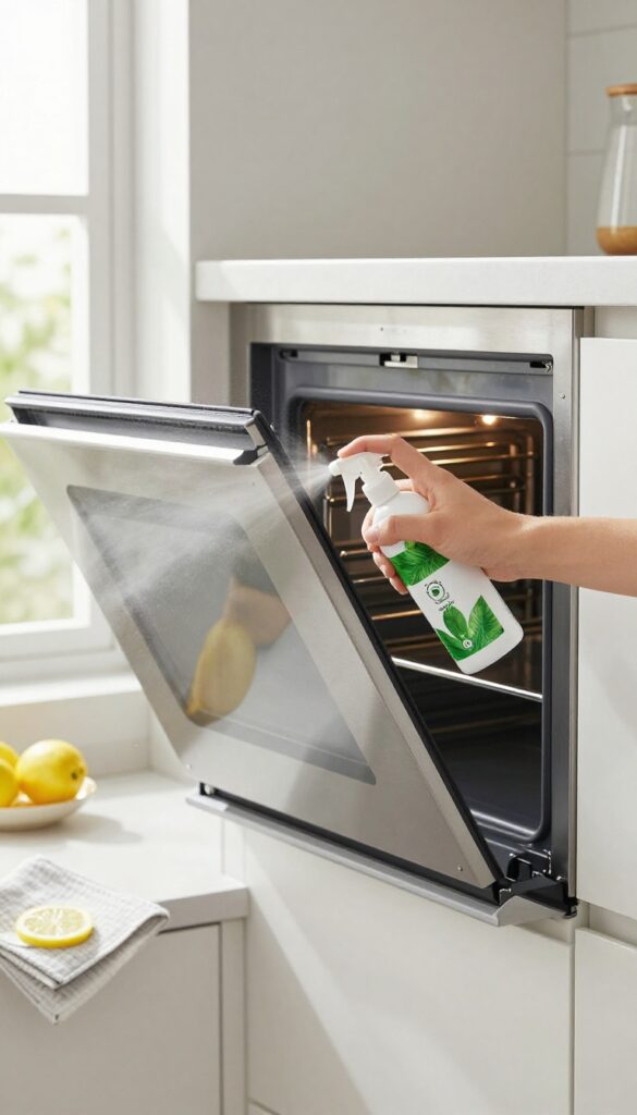 A hand spraying a fume-free cleaner into a clean oven, with natural light and a fresh kitchen setting.