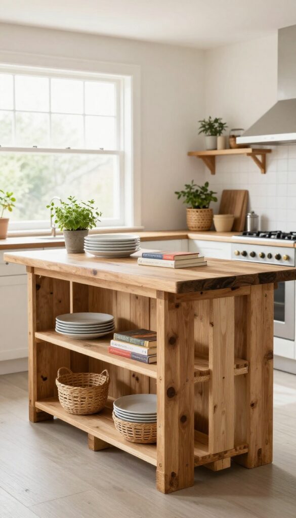 Small kitchen with a pallet wood island with open shelving and butcher block top