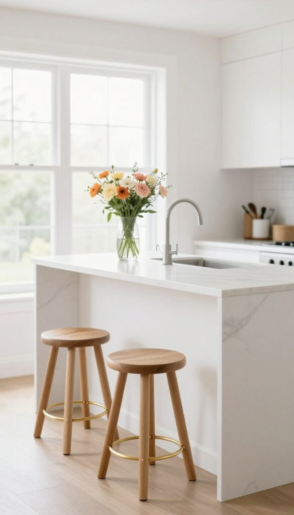 Light and airy kitchen island with three wooden stools featuring thin brass footrest rings for added comfort.