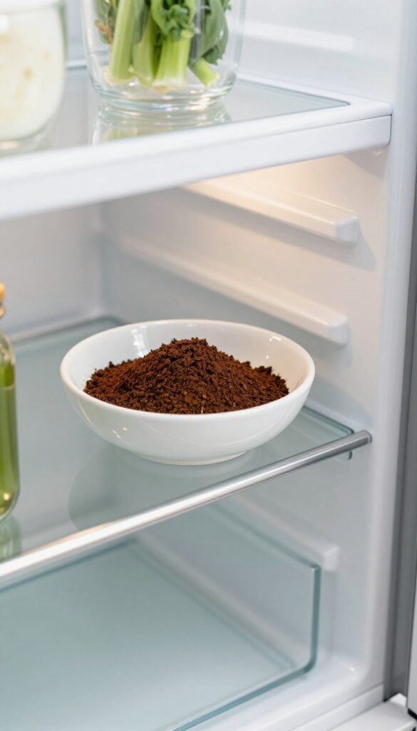 Bowl of coffee grounds on fridge shelf to absorb odors
