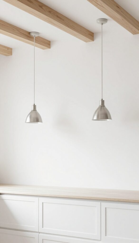 Bright white kitchen with light oak wood ceiling beams and pendant lights