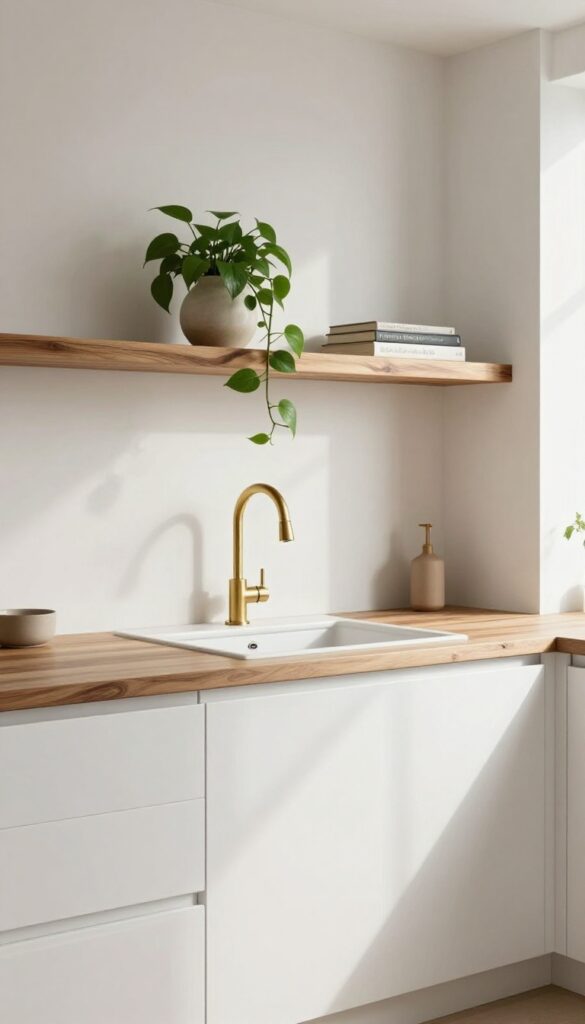 Modern kitchen with live-edge wood shelf above sink, minimal decor with ceramic vase and trailing plant