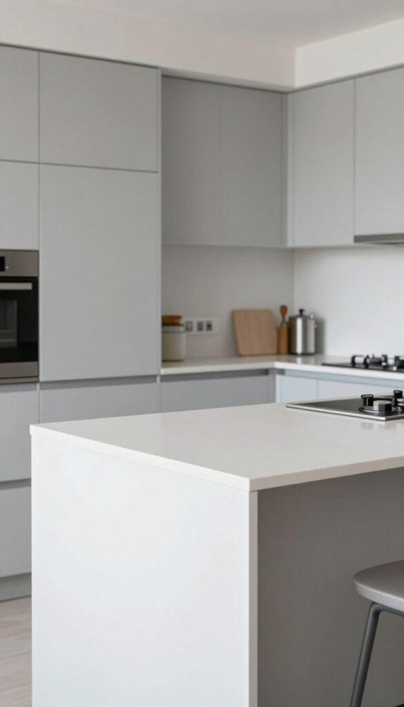 Small kitchen island with built-in cutting board, utensil drawers, and seating overhang in a bright modern kitchen