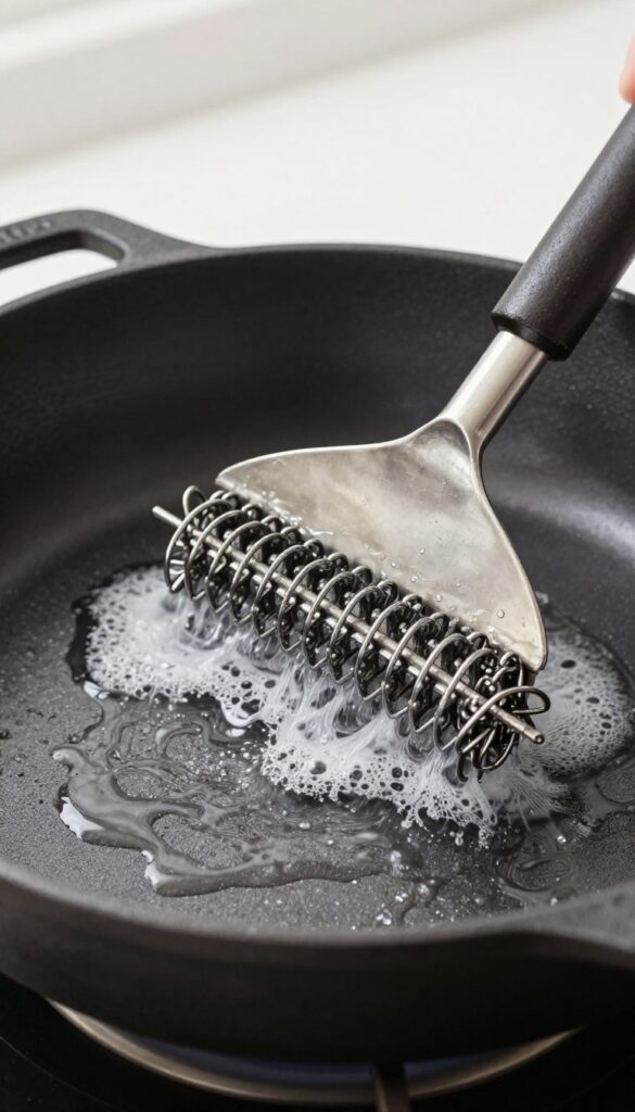 Hand scrubbing a cast iron skillet with a chainmail scrubber under running hot water