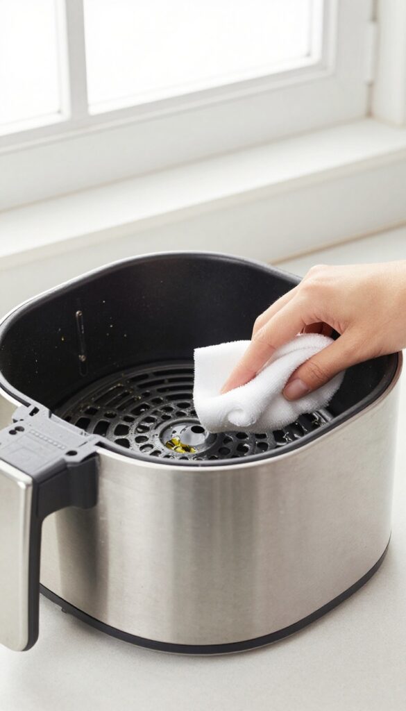 Wiping sticky residue from air fryer basket with rubbing alcohol
