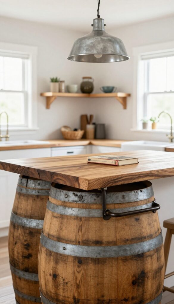 Rustic kitchen island made from two stacked wine barrels with a wood slab top, towel bar, and pendant light