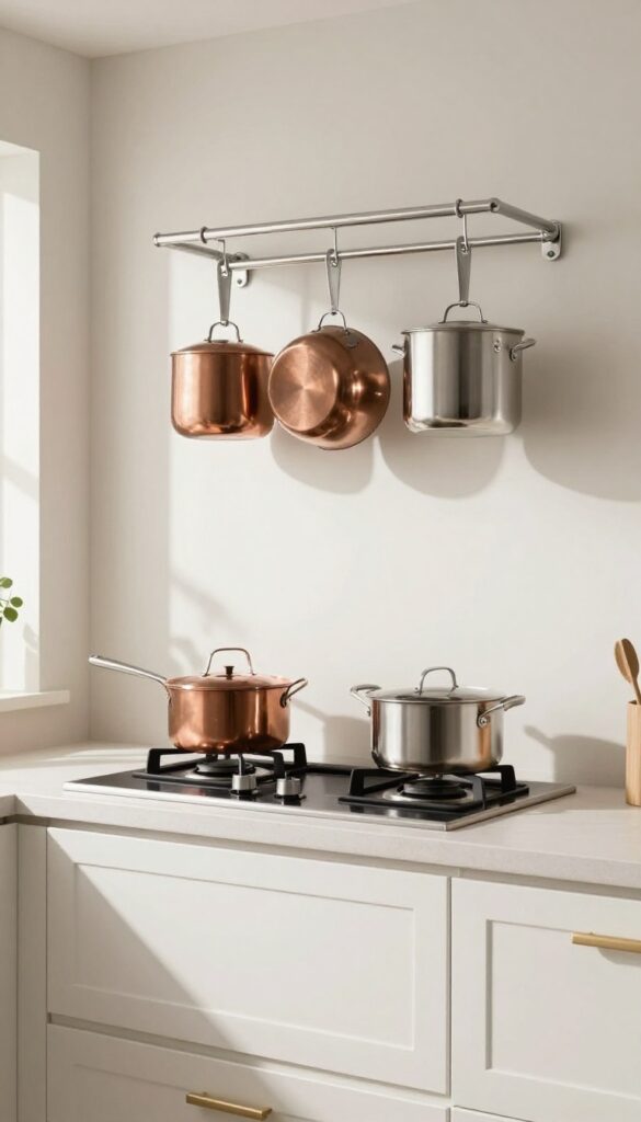 Hanging pot rack above stove in bright kitchen