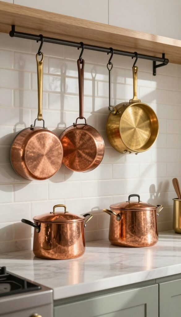 Copper and brass cookware hanging on a pot rack above a kitchen stove with marble countertop and subway tile backsplash.