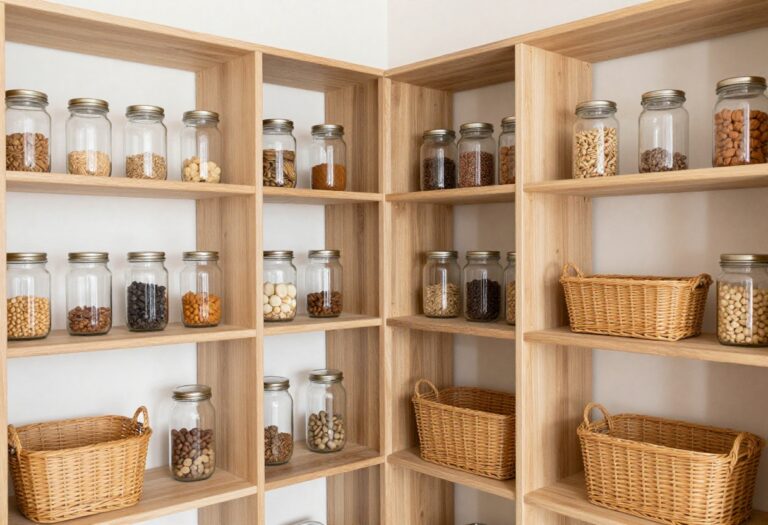 A tidy pantry with glass jars and baskets on open shelves