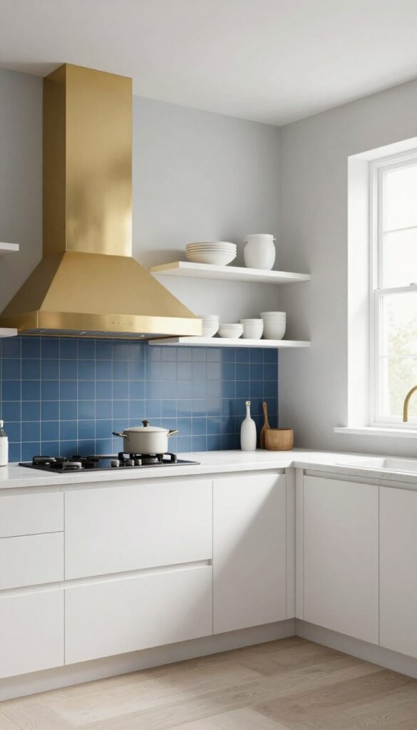 Gold range hood against blue tile backsplash in a light airy kitchen