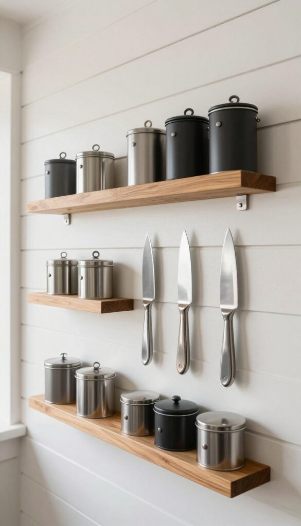 Farmhouse pantry with magnetic strip holding knives and spice tins