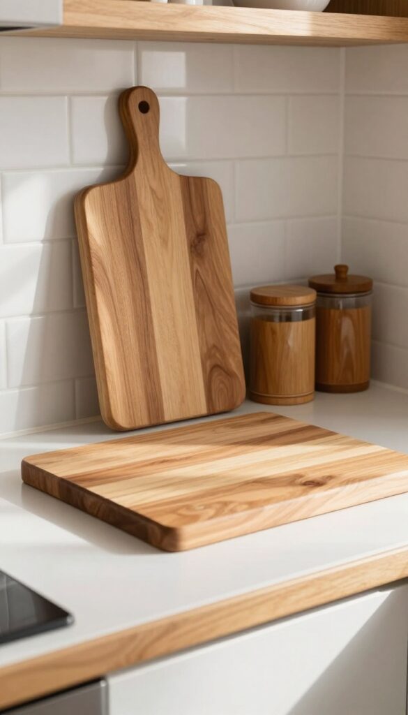 Warm wood accents in a small Indian kitchen with a cutting board and wooden jar on a counter