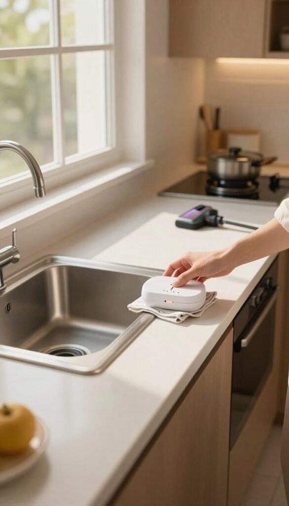 Clean kitchen with timer, clean sink, stovetop, and vacuum, ready for evening tidy-up.