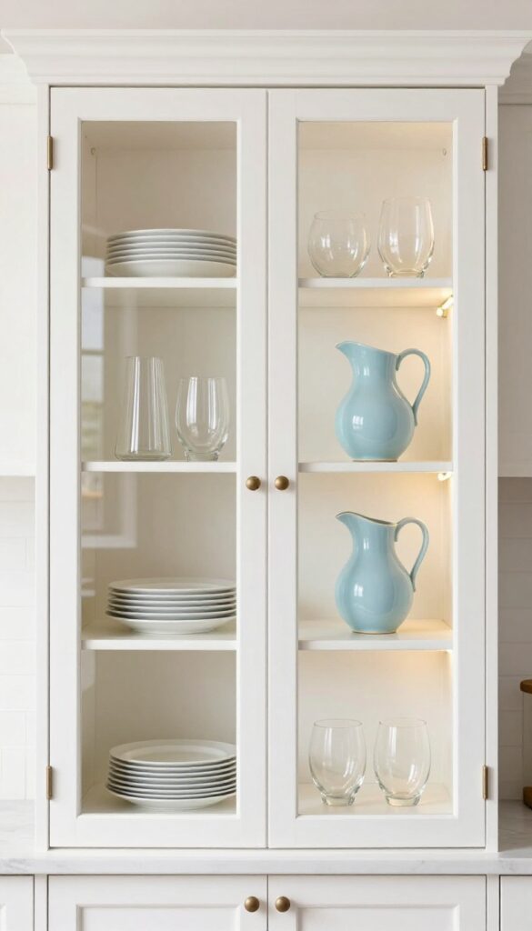 Glass-front kitchen cabinet with interior glass shelves displaying white plates, clear vases, and a blue pitcher, lit by warm LED strips.