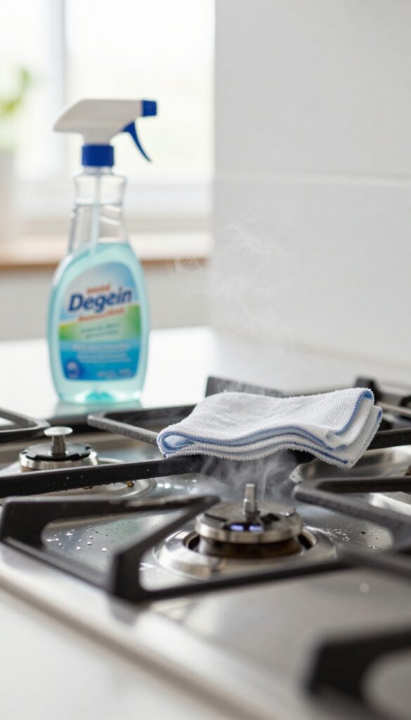 Degreasing cleaner spray bottle next to a greasy range hood with a microfiber cloth, bright kitchen lighting