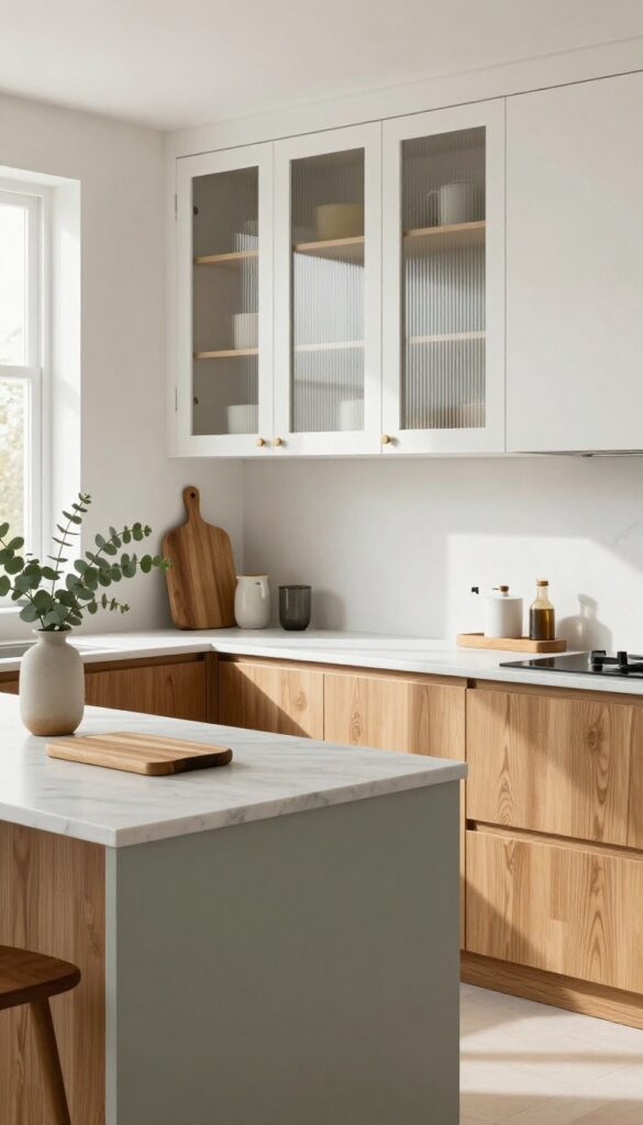 Kitchen with custom oak and ribbed glass cabinet fronts, warm and layered decor