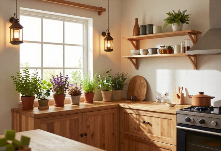 Cozy Minecraft small kitchen with wooden counters, herb garden, and lanterns