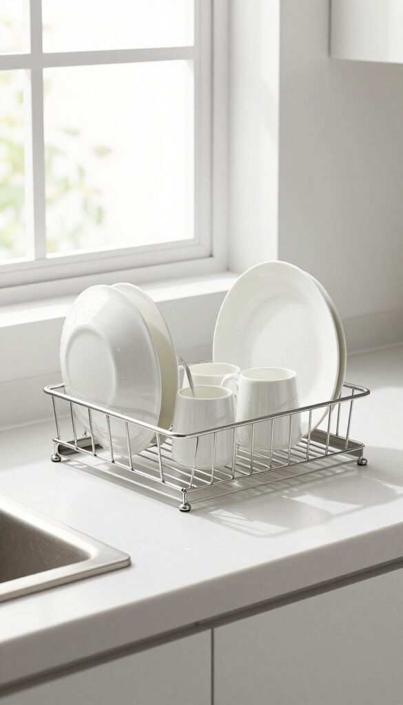 Stainless steel dish rack with plates and cups on a kitchen counter, removable tray underneath, bright natural light.