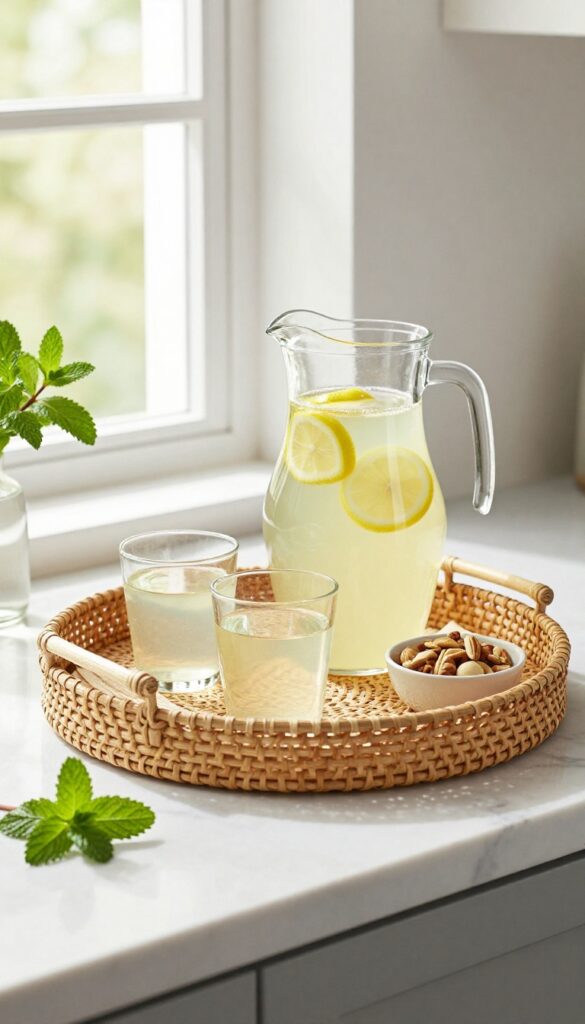 A decorative tray on a kitchen counter styled with a pitcher of lemonade, glasses, nuts, and napkins for quick entertaining