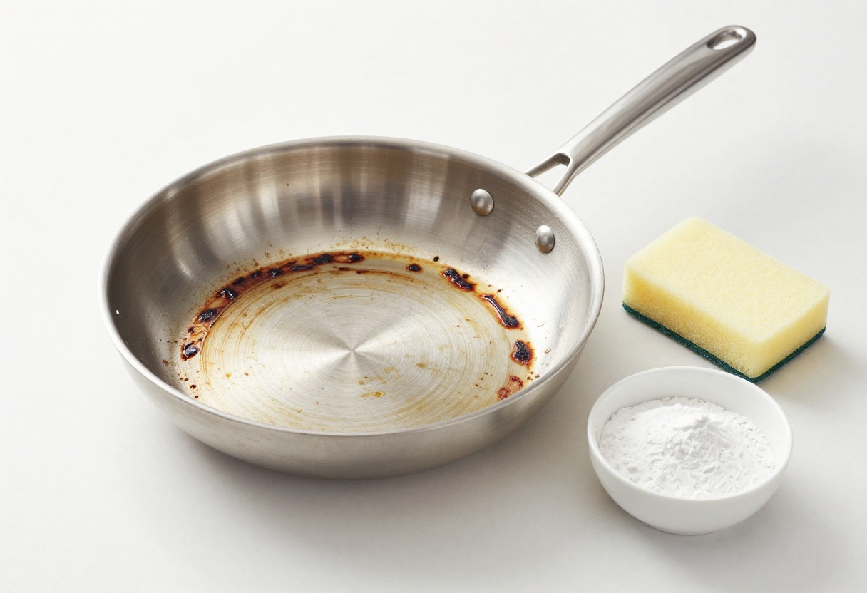 Stainless steel pan with burnt food and cleaning supplies