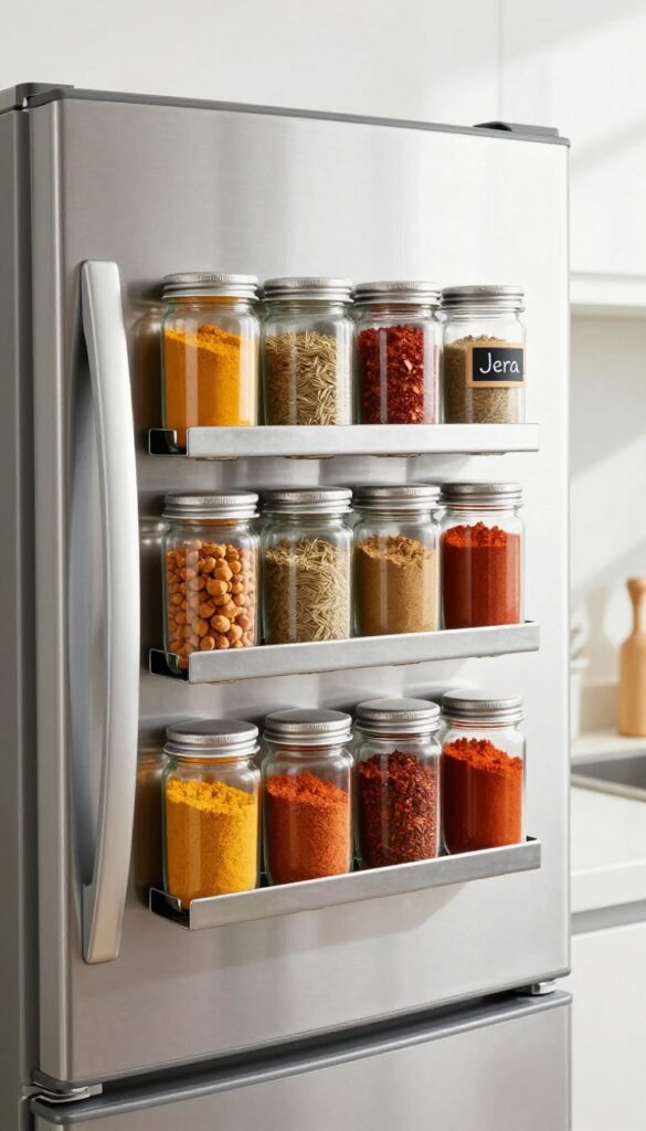 Magnetic spice rack on the side of a refrigerator with clear glass jars of spices, labeled and neatly arranged.