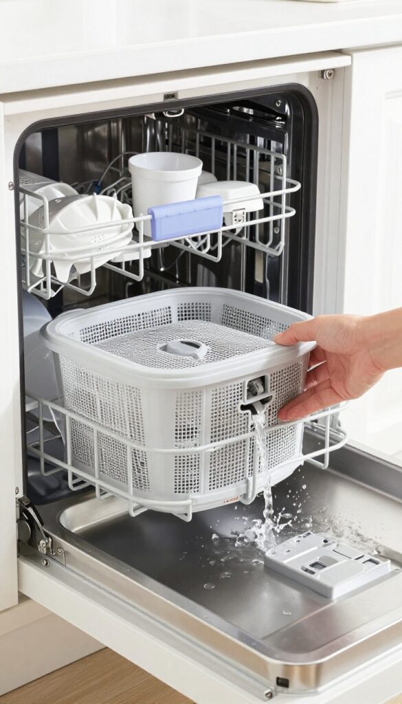 Hand rinsing dishwasher filter under running water with open dishwasher interior showing vinegar cup on top rack
