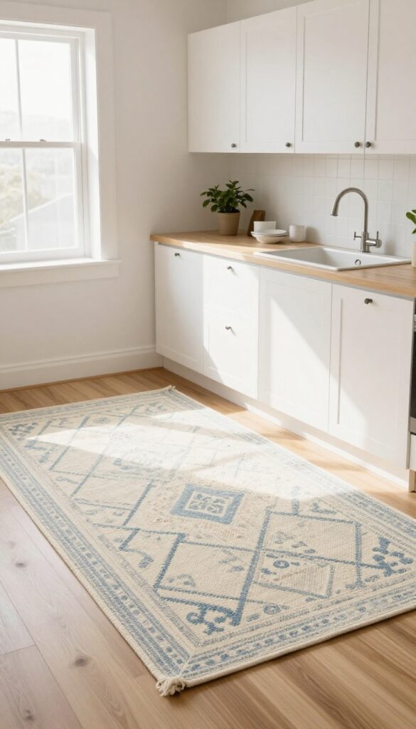 Bright rental kitchen with a flatweave cotton runner rug in front of the sink, adding warmth and texture.